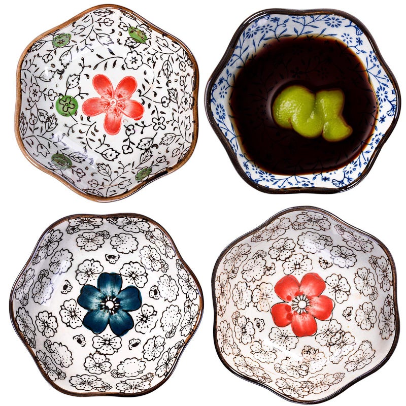 Cerficer Japanese Soy Sauce Dish Set of 4 Ceramic 4 Inch Plum Flower Sushi Dishes Dipping Bowls Serving for Dumpling,Side Dish Seasoning (4) - Image 1